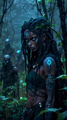 a woman with dreadlocks standing in the middle of a forest surrounded by other people