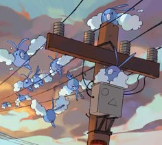 cartoon characters are hanging from power lines with clouds in the sky behind them as they fly through the air