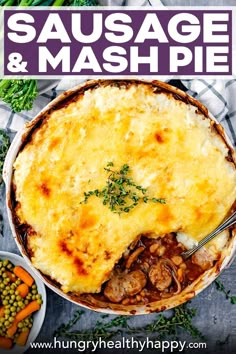 sausage and mashed potatoes in a pie dish with text overlay that reads sausage and mashed potatoes