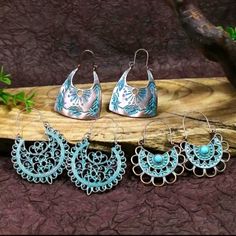 Set Of 3 Pairs Bronze Alloy Metal Earrings Turquoise Accents Bohemian Vibes Tribal New Nwt Women's Earrings U-Shaped Hook Earrings Set Geometric Pendant Metal Lace Cutout -Any Three Items Added To A Bundle Automatically Received 20% Off -Any Five Items Listed $12 Or Less Bundle For $35 -Pay One Price Shipping Up To 5 Pounds Engraved Earrings, Bohemian Vibes, Turquoise Accents, Turquoise Boho, Earring Bundle, Lace Cutout, Earrings Turquoise, Metal Lace, Geometric Pendant