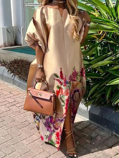 Split-Front Flower Print Elasticity Puff Sleeves Loose V-Neck Maxi Dresses Floral Crepe Dress Styles, Loose Fitting Dresses Classy, African Dresses For Women Church, Vacay Clothes, Ball Attire, Sneaker Ball, Silver Bedroom, Short Maxi Dress, Floral Silhouette