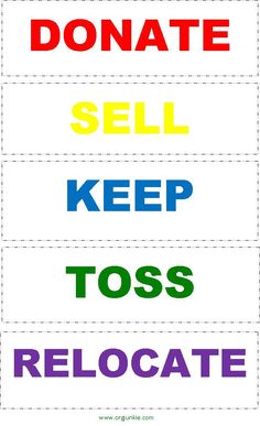 a poster with words that say donations, sell, keep toss relocate