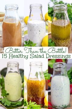 different types of salad dressings in glass jars