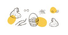 an illustration of eggs and bread in a basket on a white background with yellow dots