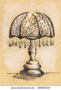 a drawing of a lamp with drops of water on the base and an umbrella over it