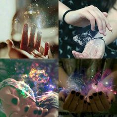 four different pictures with hands and stars in the middle one is holding something while the other two are reaching out