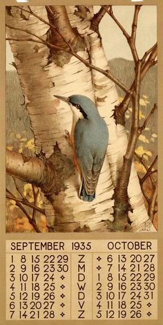 a bird perched on top of a tree next to a calendar