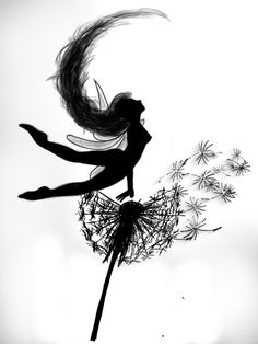 a black and white photo of a woman flying through the air on a dandelion