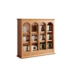 a wooden shelf with cups and mugs on it