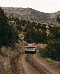 an old red truck driving down a dirt road in the middle of trees and bushes