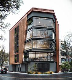 an architectural rendering of a modern building on the corner of a street with cars parked in front of it