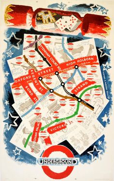 an old poster shows the route to london in red, white and blue with stars on it