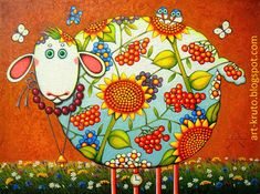 a painting of a sheep with sunflowers and berries on it's back