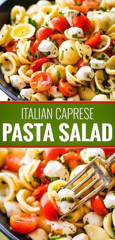 pasta salad with tomatoes, mozzarella and parmesan cheese in a skillet