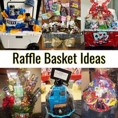 a collage of baskets filled with different items and the words raffle basket ideas