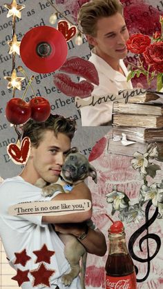 the collage has many different pictures and words on it, including one man holding a dog