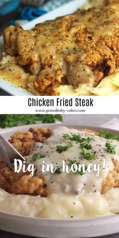 chicken fried steak is served with mashed potatoes and gravy