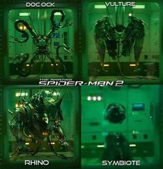 four different images of the same character in spider - man 2, including rhino, symboide and vulture