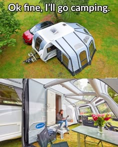 an rv parked in the grass next to a table and chairs