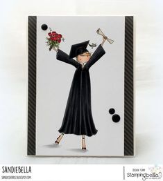 a handmade card featuring a graduate holding a bouquet of flowers and a hammer in her right hand