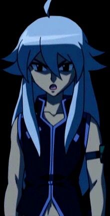 an anime character with blue hair and black clothes, standing in front of a dark background