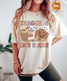 Teacher Love Brains Shirt, Funny Halloween Teacher Shirt, Halloween Teacher T-shirt Scary Movie Shirts, Horror Movie Shirts, Movie Tees, Movie Shirts, Coffee Shirts, Thanksgiving Shirts, Dye Shirt, Vintage Graphic, Christmas Tees