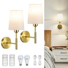 two lamps are next to each other on the wall in front of a bed with remote controls