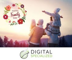 three people standing in front of a sunset with the words happy family day on it