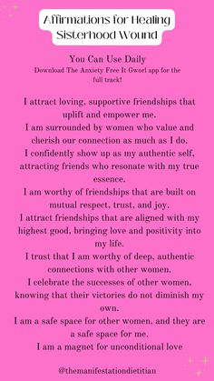 a pink background with the words, affirmitions for idealizing sisterhood / wound