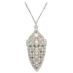 Exquisite Art Deco Platinum, Diamond and Emerald Lavaliere on Platinum & Diamond chain. Wow! Reticulated for that subtle shimmering reflection of light. Measurements are for pendant only. Where is the Great Gatsby now? Vintage Diamond Necklace, Art Deco Emerald, Classy Necklace, Elven Jewelry, Necklaces Pendant, Solitaire Pendant Necklace, Diamond Jewelry Necklace, Authentic Jewelry, Modern Necklaces