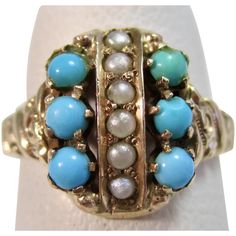 Antique Victorian Turquoise Seed Pearl Ring 14K Victorian Ring, Selling Antiques