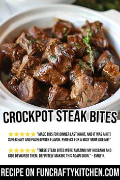 the recipe for crockpot steak bites is shown in front of an advert