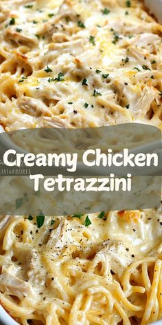 creamy chicken tetrazzini in a white casserole dish