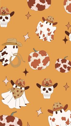 a cow with a cowboy hat and bandanna on it's head is surrounded by stars