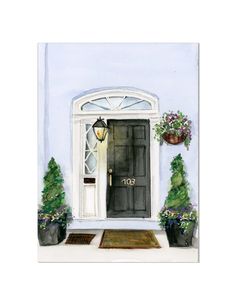 a watercolor painting of a front door with potted plants on either side and a lamppost