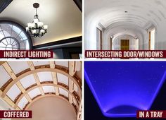 there are four different pictures with the words indirect lighting in them and an image of a clock