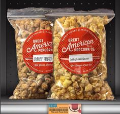 two bags of popcorn sitting on top of a shelf