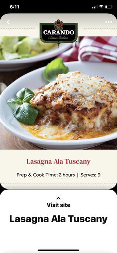 the menu for lasagna alla tuscana is displayed on an iphone screen