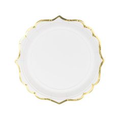 an empty white plate with gold trim