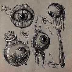 an ink drawing of various items used in the creation of eyeballs and spoons