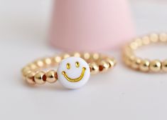 Gold Filled Smiley Face Ring Stacking Rings Beaded Ring - Etsy Playful Gold Jewelry With Smiley Face, Playful Gold Smiley Face Jewelry, Smiley Face Adjustable Jewelry For Gifts, Adjustable Smiley Face Jewelry Gift, Adjustable Smiley Face Jewelry For Gifts, Cute Gold Ring Jewelry, Trendy Yellow Gold Midi Rings As Gift, Cute Adjustable Gold Rings, Cute Adjustable Gold Ring