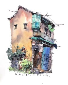 a watercolor painting of an old building with blue shutters