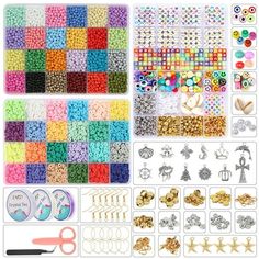 many different types of beads and accessories are shown in this collage, including scissors