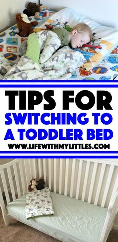 a toddler sleeping in his crib with the words tips for switching to a toddler bed