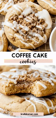 coffee cake cookies with white icing on top and the bottom one is cut in half