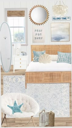 a bedroom with blue and white decor, including a surfboard on the wall above the bed