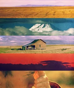 a collage of different pictures with a house in the middle and mountains in the background