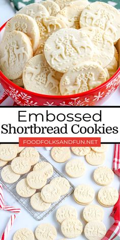 a red bowl filled with shortbread cookies on top of a table