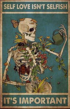 a painting of a skeleton with flowers and butterflies on it's body, holding a watering can