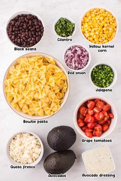 the ingredients to make an avocado pasta salad